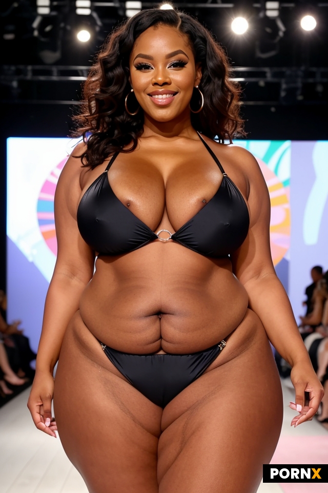 black bbw milf pornstar wearing bikini posing on fashion runway