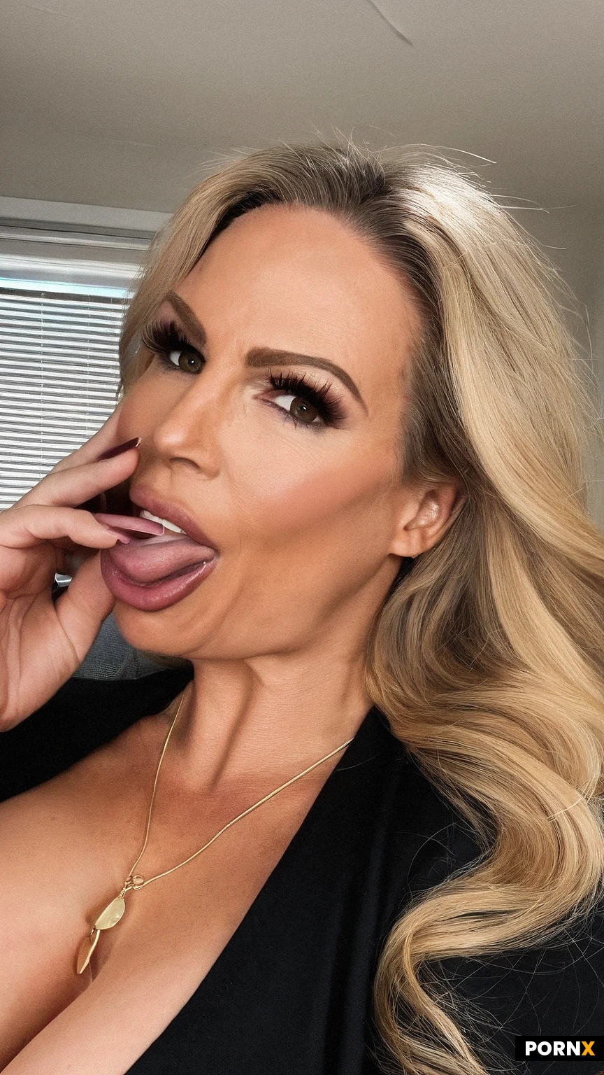 (huge natural soft heavy breasts:1.8), soft glam makeup, long blonde hair, open mouth, tongue out, gold necklace, indoor close-up