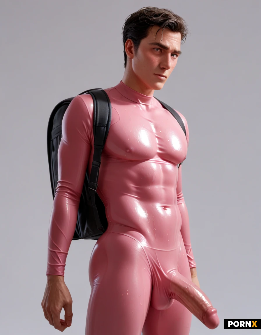 skinny, effeminate, short, ((man)), ((man wearing skintight wet look dark pink bodysuit)), man wearing bodysuit, single subject image, penis bulge, wet spot at end of bulge, massive bulge, penis bulge wet spot, straight man, embarrassed, blushing, one man, long sleeve bodysuit, age 20, college campus, wearing backpack