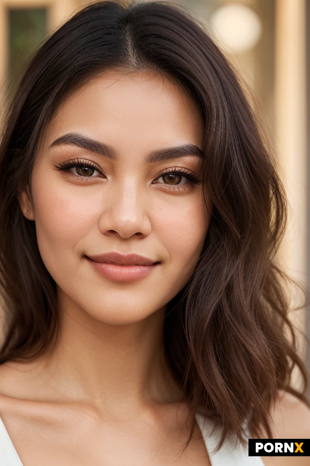 She is an attractive adult woman of mixed Vietnamese and Irish ancestry, with a distinctive blend of Southeast Asian and European facial characteristics. Her face is softly oval with gently pronounced cheekbones, a smooth tapered jawline, and a rounded, delicate chin. Her complexion is light-medium with warm golden-beige undertones, combining the luminous warmth often seen in Southeast Asian skin with a subtle natural rosy quality. She has large, expressive almond-shaped dark brown eyes, with a softly hooded upper eyelid and naturally defined lashes. Her eyebrows are dark brown, full but neatly shaped, with a gentle natural arch. Her nose is relatively slender and straight, with a softly rounded tip and balanced proportions. Her lips are medium-full, naturally rosy, with a defined cupid’s bow and a broad, genuine smile. Her facial structure should subtly reflect her Vietnamese heritage while retaining some softer European characteristics associated with her Irish ancestry, creating a believable mixed-heritage appearance rather than an exaggerated ethnic caricature. Her hair is very dark brown, thick and naturally voluminous, with loose waves, layered around the face and falling to around her shoulders. Her overall appearance should be distinctly Vietnamese-Irish mixed heritage, attractive, natural, realistic, and harmonious, with believable human proportions and detailed natural skin texture.