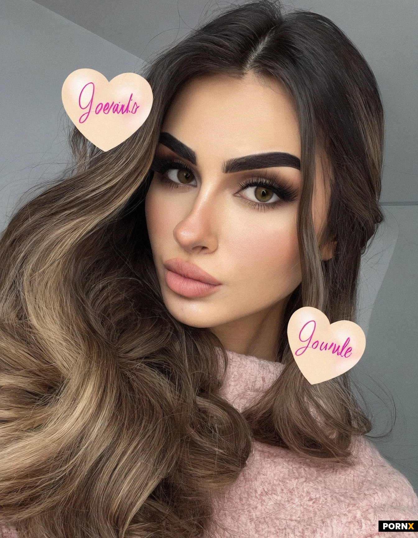 An exceptionally beautiful 20-year-old adult brunette woman with a softly sculpted heart-shaped face, warm golden-olive skin, large deep brown almond-shaped eyes, naturally thick dark eyebrows, long curled eyelashes, a straight nose, high feminine cheekbones, full soft pink lips with a defined cupid’s bow, a delicate jawline, a small rounded chin, subtle natural facial asymmetry and realistic skin with fine pores