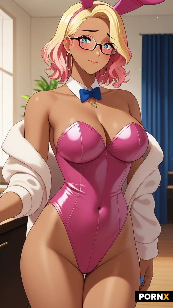 cute gyaru girl, brown skin, rendered in ultra-detailed anime eyes, clear-rimmed glasses, jewelry, medium hair, big and soft breasts, slender thighs, slim body, embarrassed face, lovely look at you, incredible decollete, (sexy pink bunny suit1.4). (scene is erotic pose in room, room in background, full room view, night light). rendered in ultra-detailed, high-resolution anime style with crisp linework.
