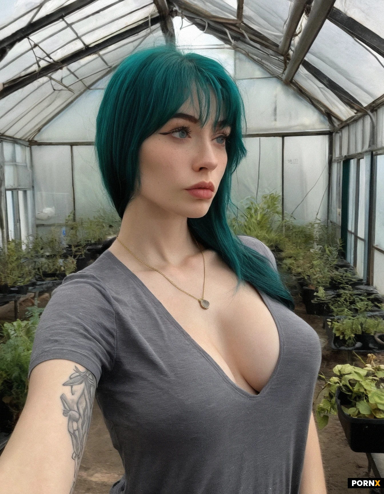 masterpiece, best quality, highres, absurdres, 1girl, solo, chilean, 20s, blue_eyes, green_hair, long_hair, shaggy_hair, slim, medium_breasts, freckles, profile, embarrassed, black_tshirt, baggy, plunge_neckline, fishnet_stockings, greenhouse, soft_light, diffuse_light, slut