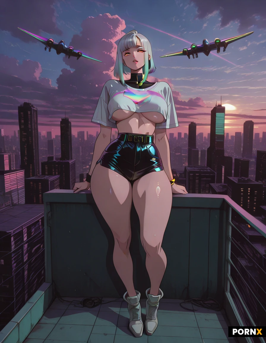 Hot emo Cyberpunk babe, drak hair, rainbow eyes, semi thick defined eyebros, lush lips, wearing a lot of straps all over, with thick thighs and slim waist. Loose low cut crop top revealing underboob, highcut panties, looses micro jean shorts with top button undone, hightops shoes, rooftop watching the futuristic city, day time slightly cloudy, surrounded by skyscrapers and highways of flying cars up above.
