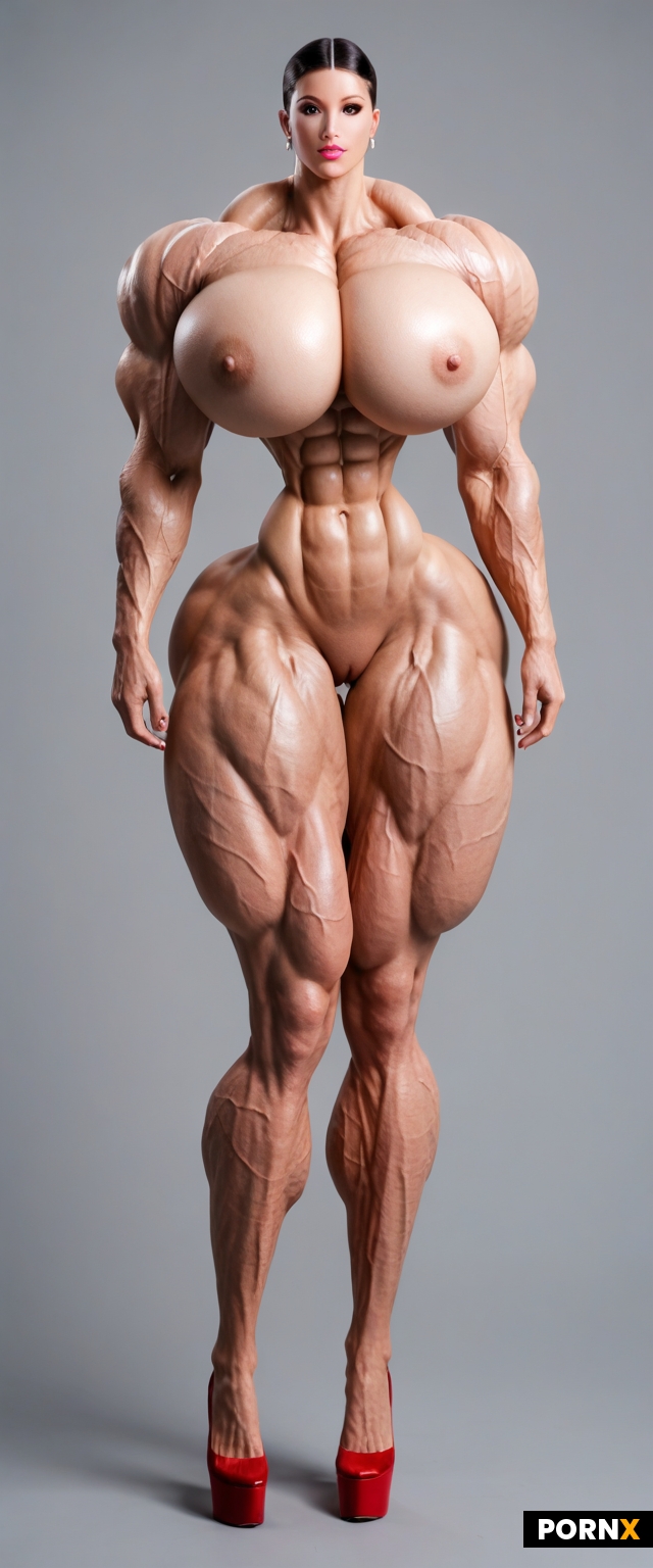 Solo full body photo of very muscular nude woman posing body seductively