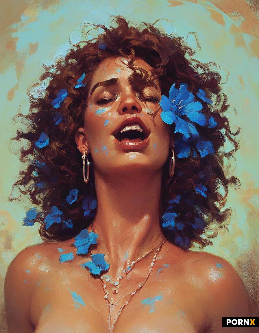 She is gasping sleepily. We see her face in close-up. She has dark brown, messy hair. There is a blue flower in her hair. Her eyes are wide open, joyful. We see her face in close-up.