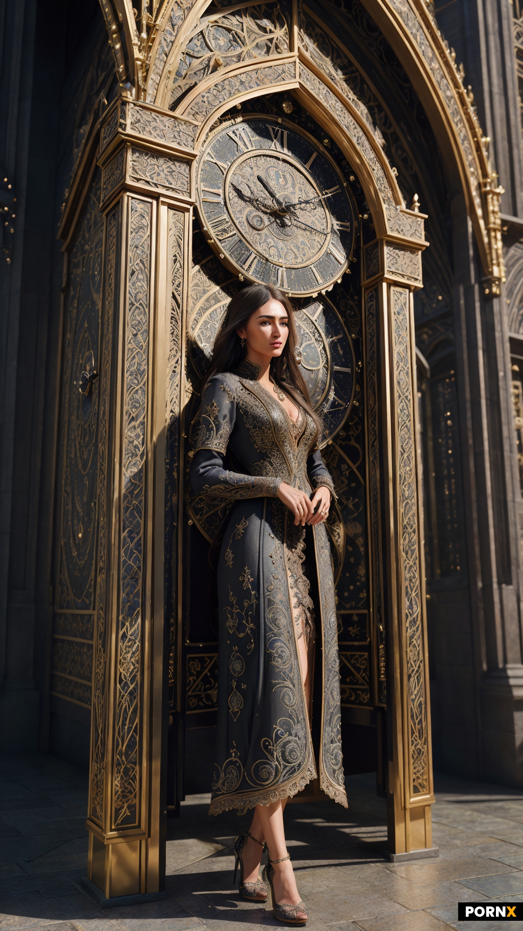 Meticulously hyperdetailed fantasy photo of a woman standing in front of a clock tower