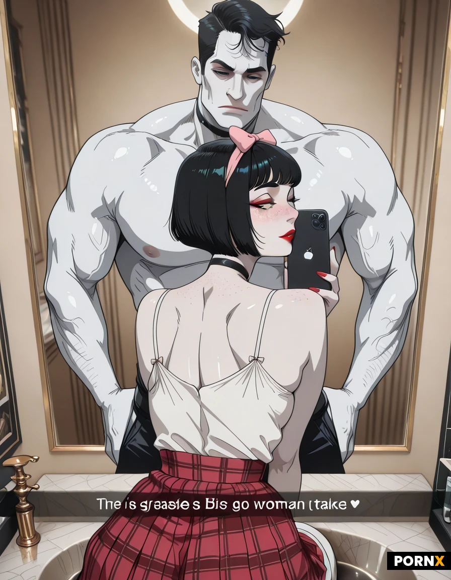 woman posing intimately with a massive huge tall muscular man, couple taking a selfie in a bathroom mirror, ((the woman is sitting on a marble bathroom counter looking back at the camera)), the man's hands are holding the woman's hips, mirror selfie, a couple in a bathroom, a massive huge tall muscular man standing above a woman, giant man's head is out of frame, size difference, snapchat-style text along the upper-third of the frame that says "Fuck babe he is so big...", the man is much taller than the woman, sitting on a bathroom vanity counter, intimate pose, his hands are on her hips, intimate scene, woman with White skin, shortchubby, Pale skin, black hair, bobcut, Bangs, pink bow in her hair, hairbow, choker, black choker around neck, she is wearing a red plaid pleated skirt, white stockings, garterbelt straps, Makeup, Long eyelashes, Thick eyebrows, nose freckles, eye liner, natural hair, red lipstick, man holding smartphone to take the picture, back view of the woman, snapchat selfie, full width caption over a dark bar reads "Fuck babe he is so big...", iphone 17 selfie, soft indoor lighting, UHD, amateur selfie, mouth slightly open in an expression of arousal