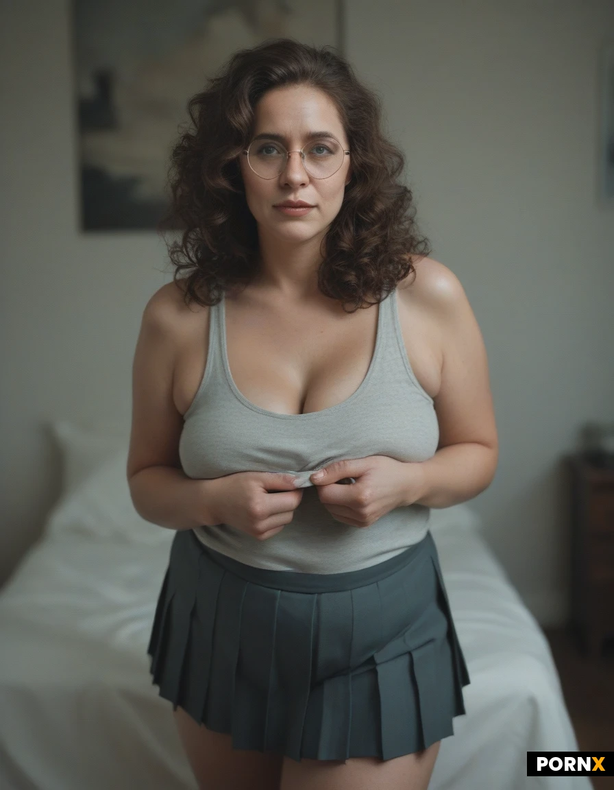 age: 27.
Hair: curly, brunette. messy
body: very thin frame. but has big natural sagging breasts and soft chubby thighs.
clothes: braless. wearing a tank top and pleated skirt. round glasses.
Scene. she is flashing her panties to seduce me