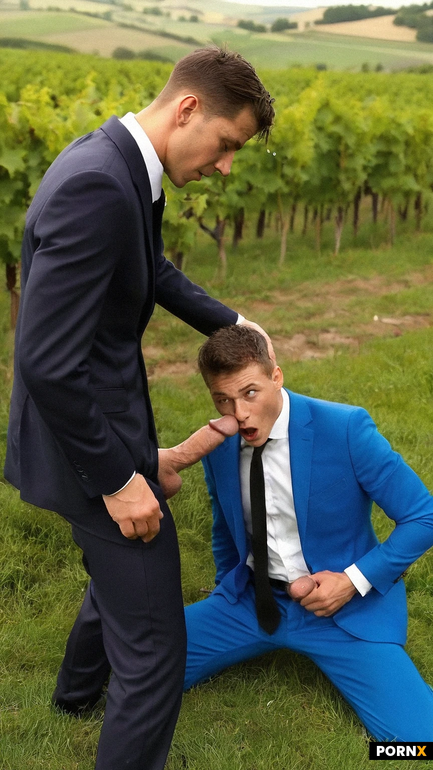 (Very slim:1.5 enthusiastic gay French groomsman guy, early 30s, clean shaven, very short fade dark brown hair, brown eyes, arched nose, bright blue suit kneeling in vineyard, many Cumshots on his eyes and face) sucking (the tall handsome Swedish groom in a black suit, masturbating his thick cock sticking out of dark suit). (Movie set). Dynamic view