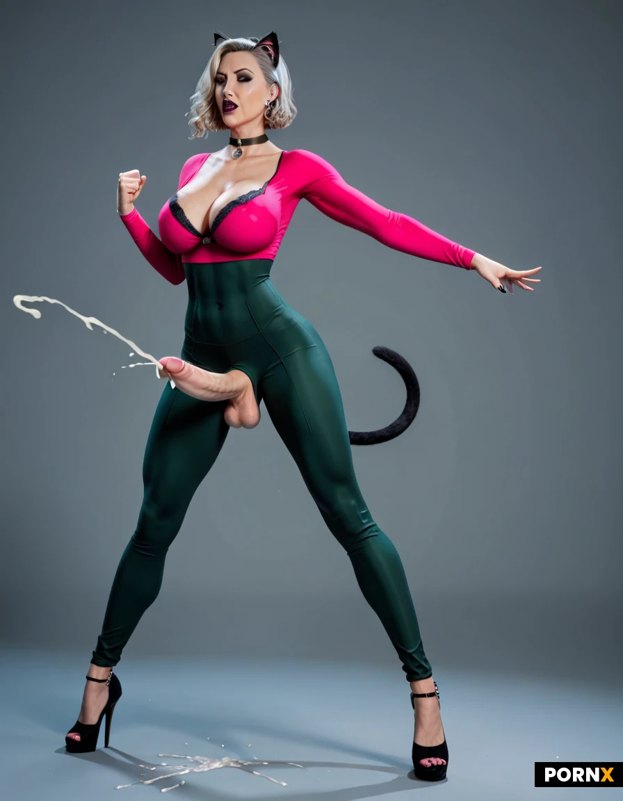 beautiful platinum blonde woman, long wavy hair, huge breasts, hourglass curvy body, fair skin, kitty costume, cat ears, tail, collar, black lingerie, Futanari,(goth:1.3),(milf),(large breasts:1.5),(cleavage),(pink shirt),(thin waist),(green pants),(big cock),(long cock),high heels,tight long sleeve,(skin tight clothes),(cumming:1.6),(orgasm:1.3),(dominant stance:1.5),(solo),(domineering),feminine arms,(straight hair),(bob cut),(thrusting hips forward:1.3),(slim:1.5),(fit:1.5),(standing),(thin)
