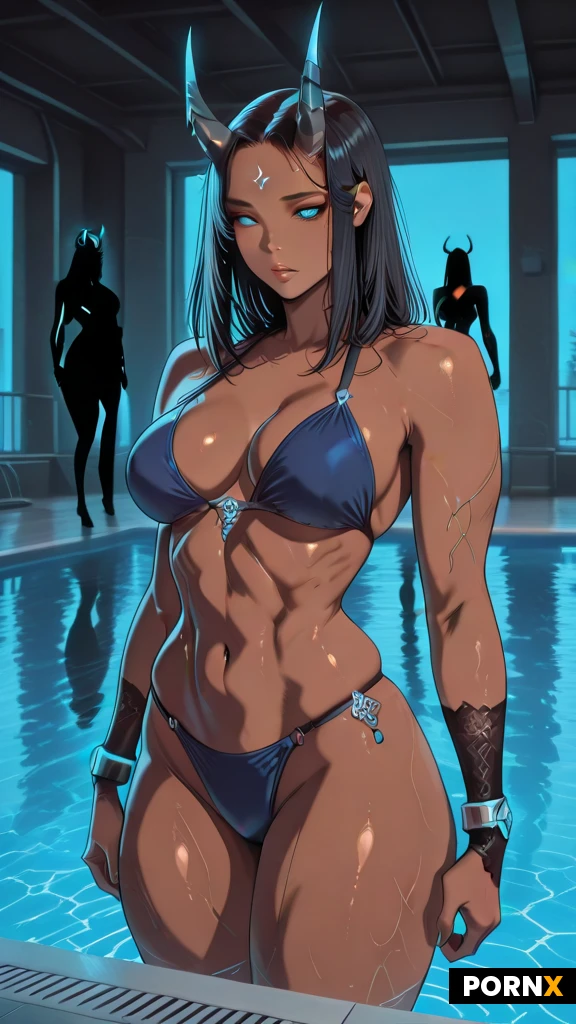 An adult fantasy woman named Revian, with rich brown skin, a powerful athletic physique, broad shoulders, muscular arms, a defined abdomen and strong thighs. She has a sculpted face, pronounced cheekbones, full lips and luminous electric-blue eyes. Her expression is composed and commanding, looking directly at the camera.
Long, thick black hair frames her face and falls past her waist. Two dark, ridged horns extend outward from the sides of her head before curving upward. A small ornate metallic ornament rests at the centre of her forehead.
She wears an opaque steel-blue bikini with secure coverage, ornate dark-silver wrist cuffs.
Standing naturally beside a pool, full-body composition, believable anatomy and balanced proportions. Detailed skin texture, individual hair strands, realistic fabric and engraved metal. Directional daylight creates sculpted shadows and controlled highlights, with subtle cool-blue rim lighting along her hair and silhouette. Keep her face, muscular build, horns and blue eyes visually distinctive.