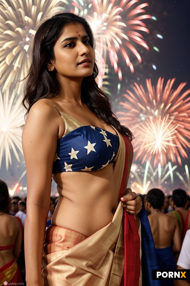 nude Indian mom in her 40s wearing saree featuring US flag during a big gathering watching fireworks