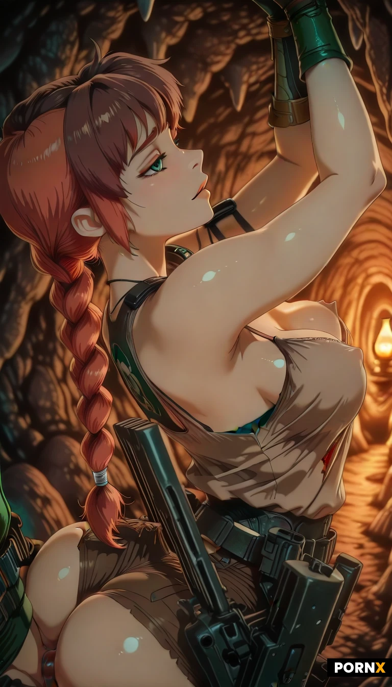 (Raider:1.3),(adventurer:1.2), (archealogist:1.2), cosplay of relic Hunter, Brown Teal tank top, down blouse,partiales exposed tits, brown shorts, tactical belt, holster rig, Brunette braided ponytail. Jungle Cave with Torches, (Perfect Sex Story,intercourse, sex, penetration, no chains from the top allowed,her arms up,, doggystyle sex from behind, tits pressed against wall, ass pushed out, ultra arched back, tucked against wall,, hourglass figure and with perfect small natural breasts, consensual, she loves to be used,damaged outfit, tits exposed, dynamic side angle, dynamic view, perfect and detailed face,ultra detailed face,passionate,lustful, sexy hourglass body type,detailed,detailed eyes,very sexy,attractive timid,sexy looking,sharp details,hdr,, looking at viewer, big ass, small tits, rounded ass, slim waist, wide hips
