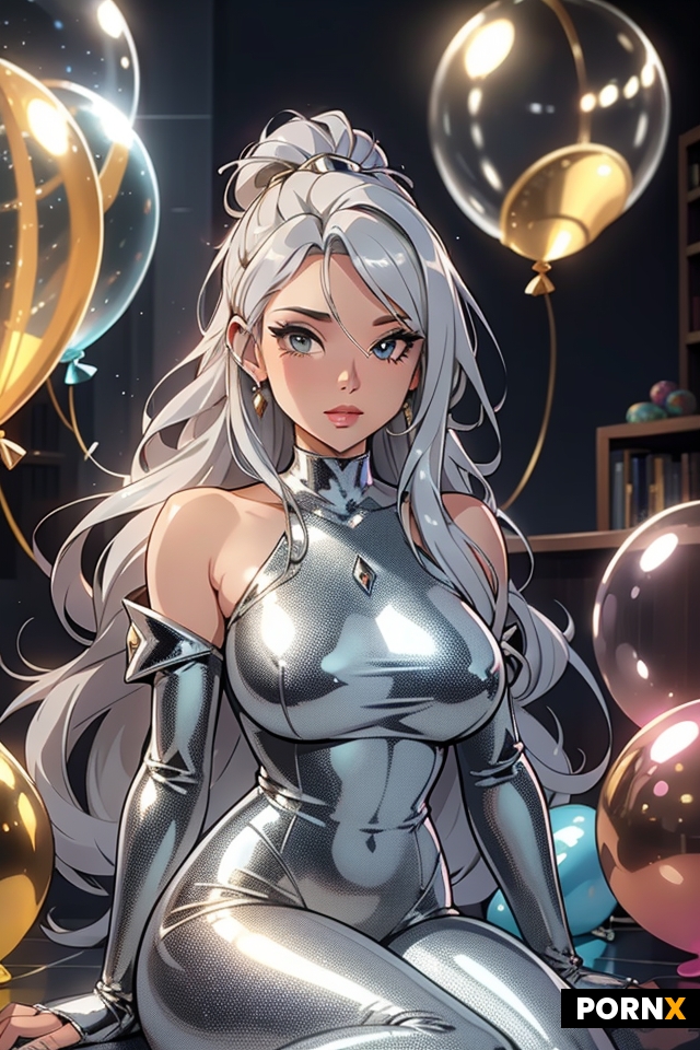 A Gorgeous Silver Haired Diva Seated On The Floor Surrounded by Metallic Balloons and Bubbles with W