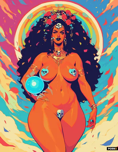 A naked plus-size adult woman with a heavy bust