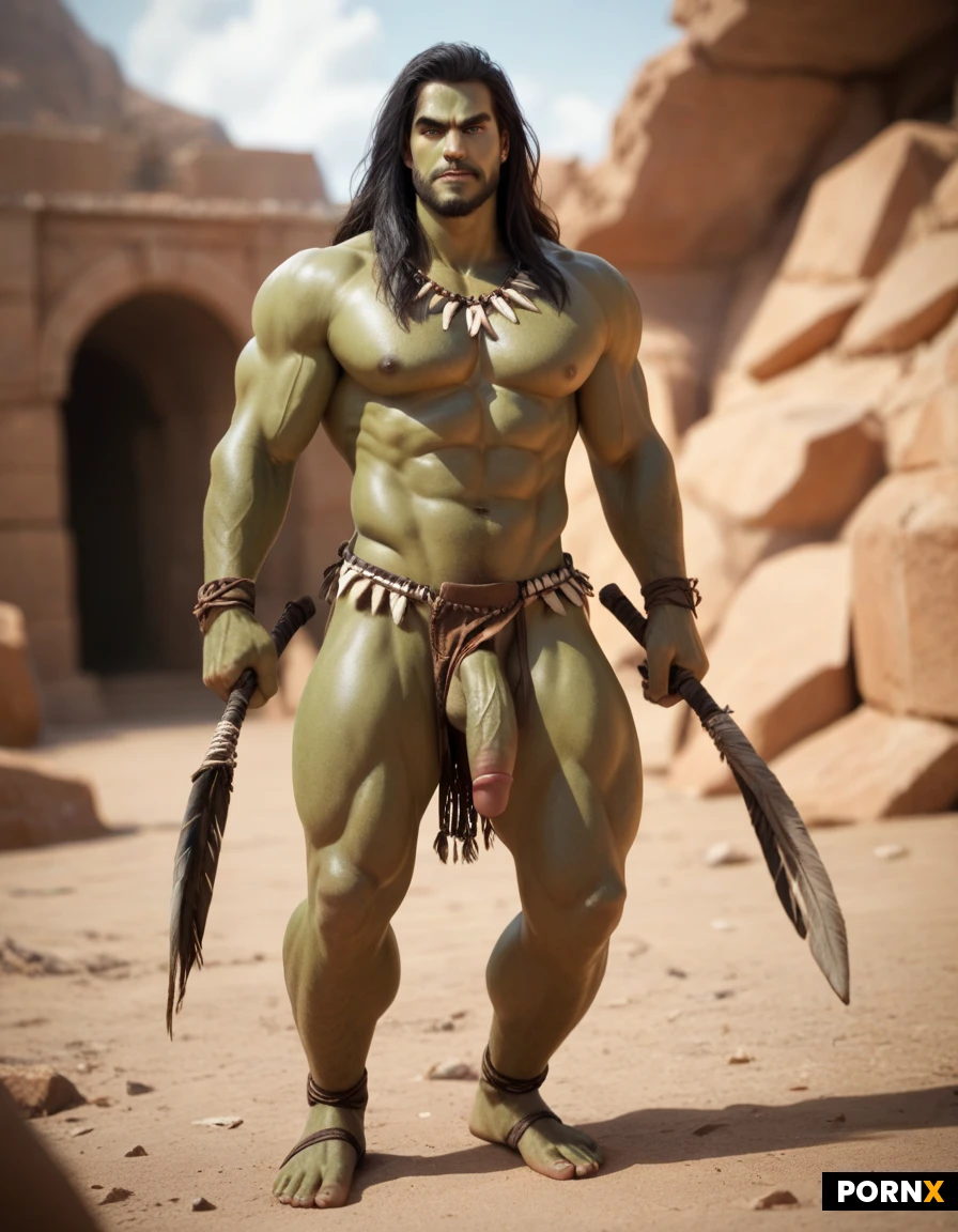 Man, Green skin, Muscular, Fit thighs, Thick thighs, Angry face, Thick eyebrows, Tribal clothing, Sc-fi costume, Full body, Dynamic angle, Standing, Battlefield, Long hair, Black hair