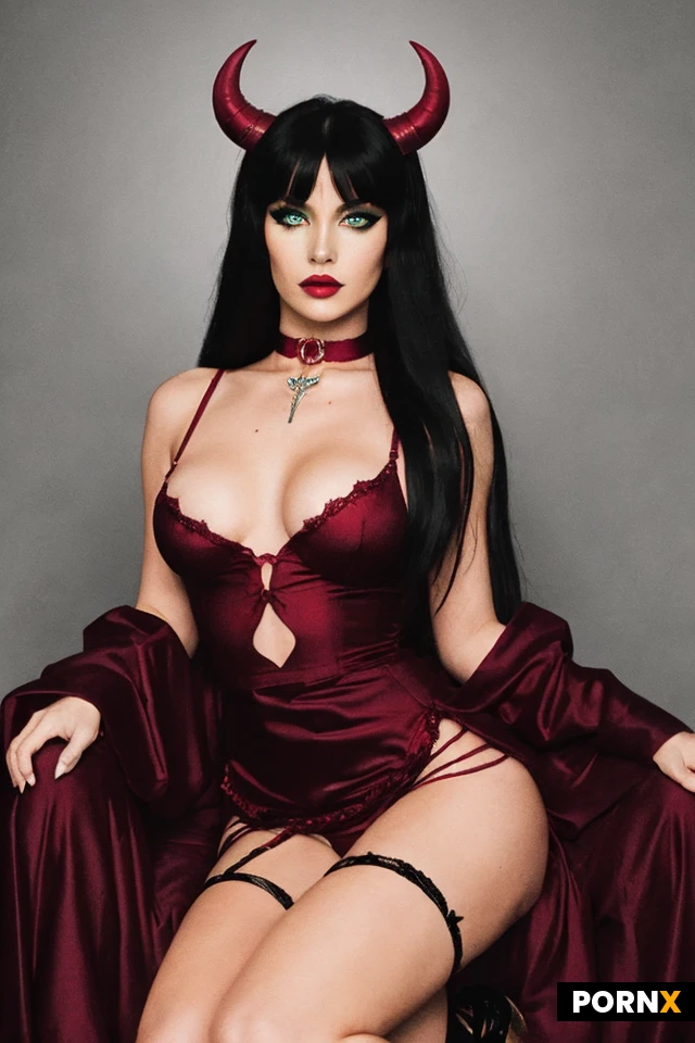 A demon or devil queen seated on a carved stone throne. She has small red horns, long black hair, bright green eyes and a red arrow-tipped tail curling up. Wearing a long black gown with red cord lacing crossed over the bodice, legs open, exposed pussy, red strappy platform heels, and a choker with a red gem shaped like a slit eye. Her right hand holds a tall silver trident. The background is a dark maroon-to-purple. Clean-lined comic book illustration with flat cel shading