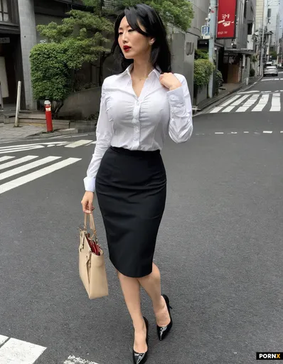 A Japanese office lady walks down the street in Tokyo