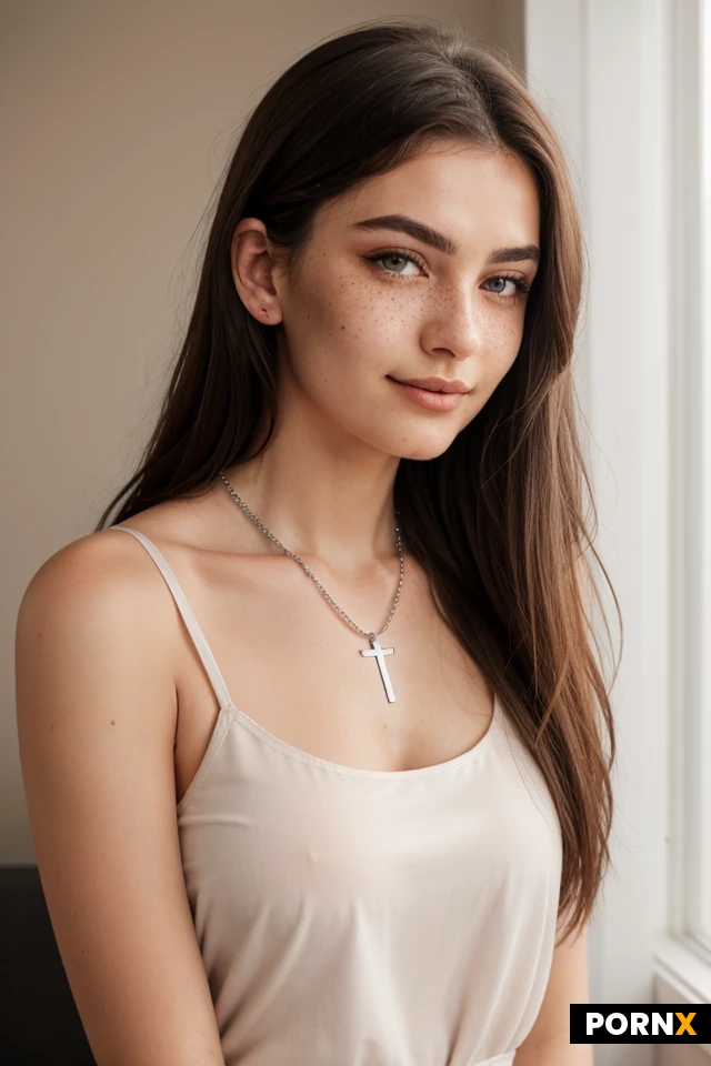 Photorealistic medium shot portrait of a 20-year-old Slavic woman. Extremely detailed face with symmetrical features. Soft almond-shaped dark hazel eyes, natural long dark eyelashes, and neatly shaped, medium-thick brown eyebrows with visible hair texture. Straight, well-defined nose with a soft tip, gentle and subtle smile with soft pink, natural lips, clear cupid's bow. Flawless fair skin with a warm undertone, very faint light freckles on the cheeks and bridge of the nose, visible natural skin texture and pores. Long, straight, silky light-brown hair with a clean middle part, cascading smoothly over her shoulders. She is wearing a relaxed, unbuttoned, lightweight white cotton shirt with visible fabric weave over a simple black tank top. A thin silver chain necklace with a small detailed cross pendant rests on her collarbone. Indoors with soft, diffused daylight from the side, neutral beige wall in the background with a blurred square dark art print. Captured on 85mm lens, f/1.8, cinematic lighting, hyper-realistic, 8k resolution, raw photo.