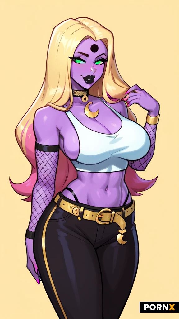 one woman, purple skin, standing long hair, straight hair, curtain hairstyle, blonde hair with pink highlights at the tips, green sclera, big eyes, pink eyes, big lips, black lipstick, seductive smile, big breasts, side boob, cleavage, midriff, fit, skinny, crescent moon tattoo on forehead, fishnet choker, white tank top, fishnet sleeve with gold bands, high waisted black g-string, blue miniskirt with a belt loop, simple background