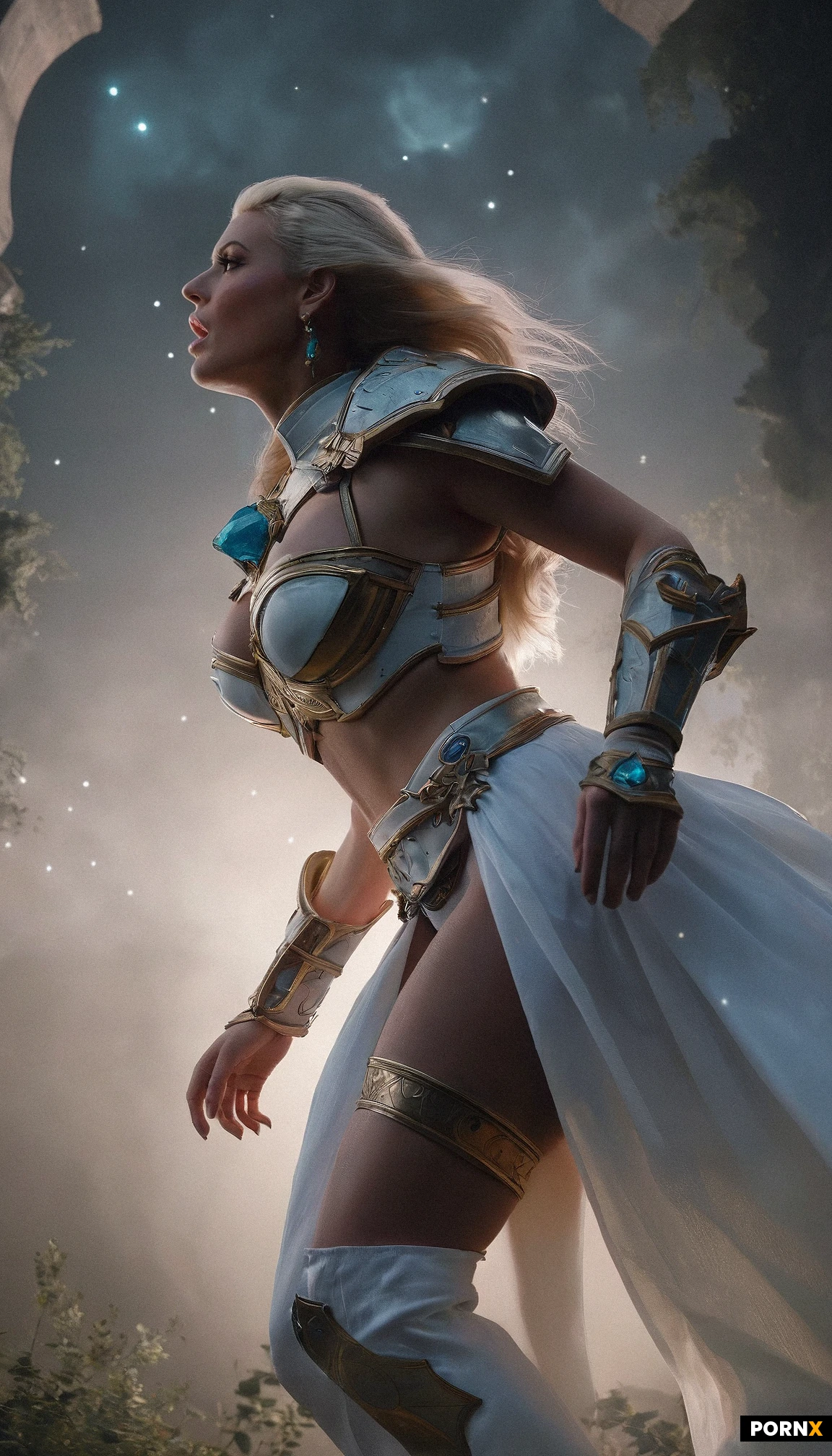 A stunning adult woman with cascading blonde hair and a flawless, glowing complexion stands in a moonlit forest clearing, illuminated by soft natural light and dramatic cinematic rim lighting that highlights her exposed shoulders and exaggerated fake breasts and deep cleavage. She arches her back in a dynamic stance, one leg poised mid-jump, her skimpy white strap-ensemble adorned with gold trim, intricate bronze armor pieces, a waist cincher, a short white jacket draped over a shimmering silver vest, and tight stockings beneath a flowing skirt, all sparkling with elaborate body jewelry, blue-gem earrings, and a heavy necklace. Her perfect, beautiful face gazes directly at the viewer, eyes fierce yet alluring, as she performs an explicit deep-throat blowjob on a gigantic erect penis, the act rendered in hyper-real detail with shallow depth of field focusing on her lips and the throbbing shaft. Behind her, a legion of space marines in dark hyper-demon pastel-hued armor loom against a star-filled night sky, their silhouettes adding an epic, high-fantasy backdrop to the scene. The overall atmosphere is dramatic and epic, with intricate detail, soft focus, and cinematic lighting that underscores her powerful goddess-queen presence.