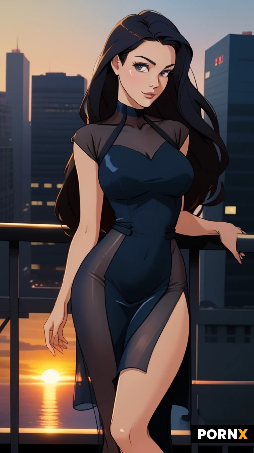 Woman, 25 years old, Spanish, beautiful, perfect eyes, detailed face, brunette, caramel skin, medium breasts, rounded breasts, curvy, high res, perfect eyes, detailed face, long hair, (sheer silk navy dress:1.5), sleeveless dress, standing on the balcony of a penthouse suit, modern skyline, seductive pose, 3/4 body view, (naked), leaning back on railing, legs spread wide, sunset