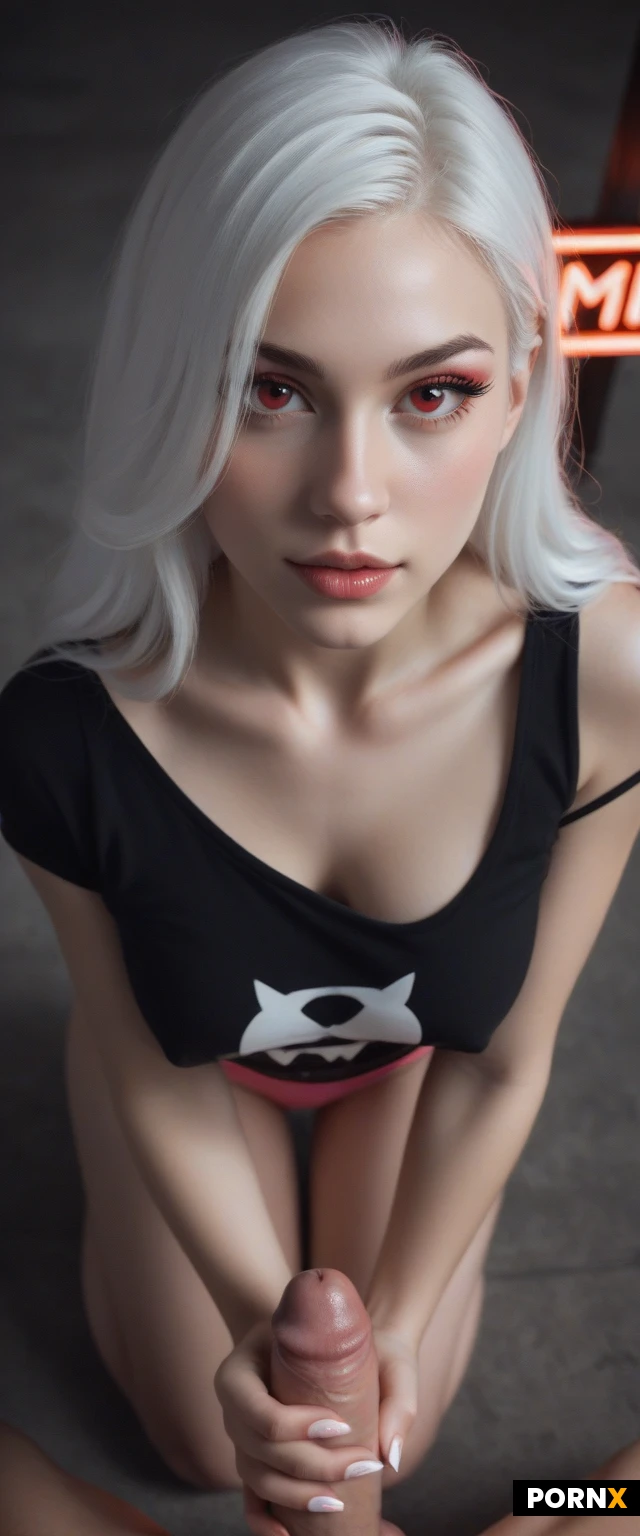 foxy girl,skinny thighs,skinny ass,long eyelashes, dramatic winged eyeliner,very long eyelashes,(white hair:1.5), long smooth hair, fair skin, red eyes,highly detailed face, highly detailed eyes, realistic, Long white nails, she is wearing a tight pink top with thin strings,(one string hangs down over her shoulder giving view on her cleveage:1.3),(her tits are so big under her shirt:1.5), (no bra:1.2), white yoga legging, brightly lit neon bedroom, e-girl aesthetic. neon sign on the wall. lighting_mood: Soft diffused, neon, Posing kneeling on a white flur carpet, she looks directly at the viewer, her bare shoulders exposed, she is giving a handjob,pov, view from above, high angle