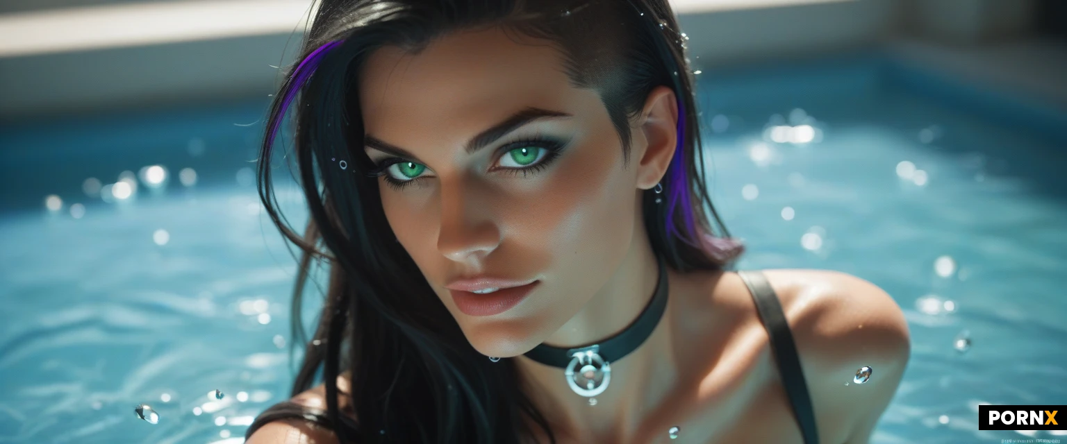 masterpiece, best quality, highres, absurdres, 1 very seductive supermodel woman, slender pointed nose, wide jaw, solo, looking_at_viewer_very_intimately, from_above, close-up, long hair, black hair, purple highlights, sidecut, brilliant luminous green eyes, heavy black eyeshadow, heavy black mascara, heavy black eyeliner, dark tan skin, sly half smirk, seductive and horny, choker, topless, toned body, deep cleavage, round perky breasts, spherical breasts, medium-large breasts, wet, water droplets on her skin, touching her nipples, erect nipples, high contrast, vibrant colors