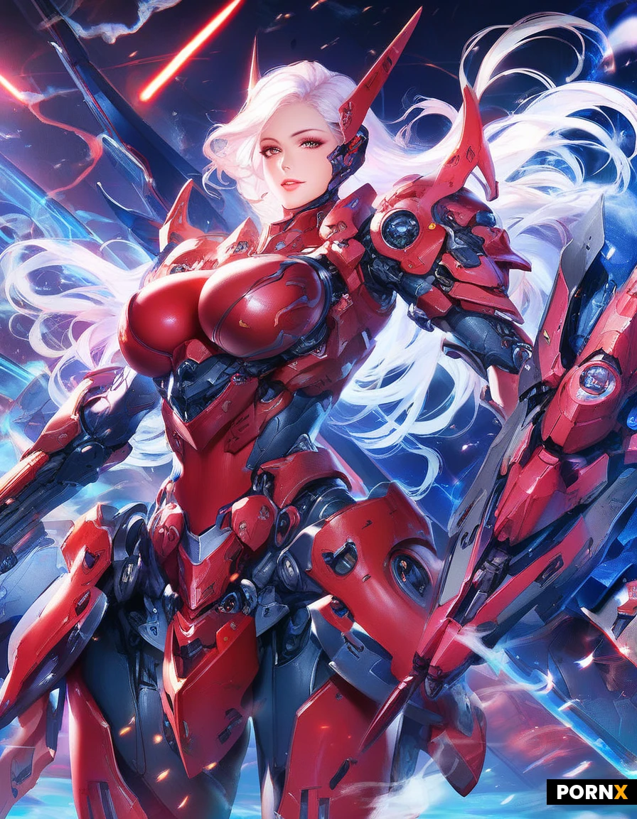 high definition, sexy mecha style woman, white long hair, curved body, pretty face, big breast armor, tight blue and red mechanical body armor, mechanical leg armor, mechanical wing, laser style weapon, look at viewer, aggressive pose, background, research facility, drone, flame, smoke, detailed face, detailed armor, detailed background, close up view