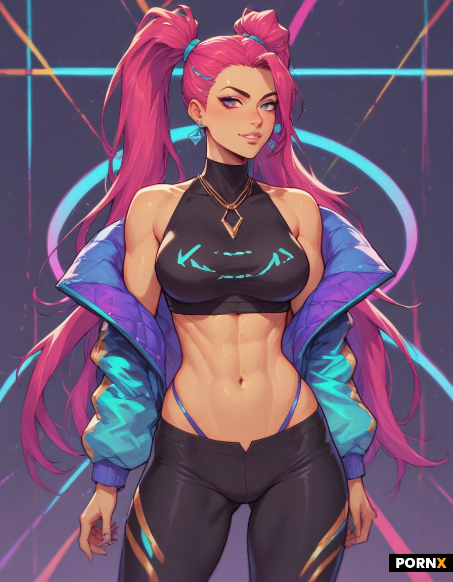 Kai'sa from LOL Wearing  K/DA game skin as a sexy futanari with long pigtails hairstyle String