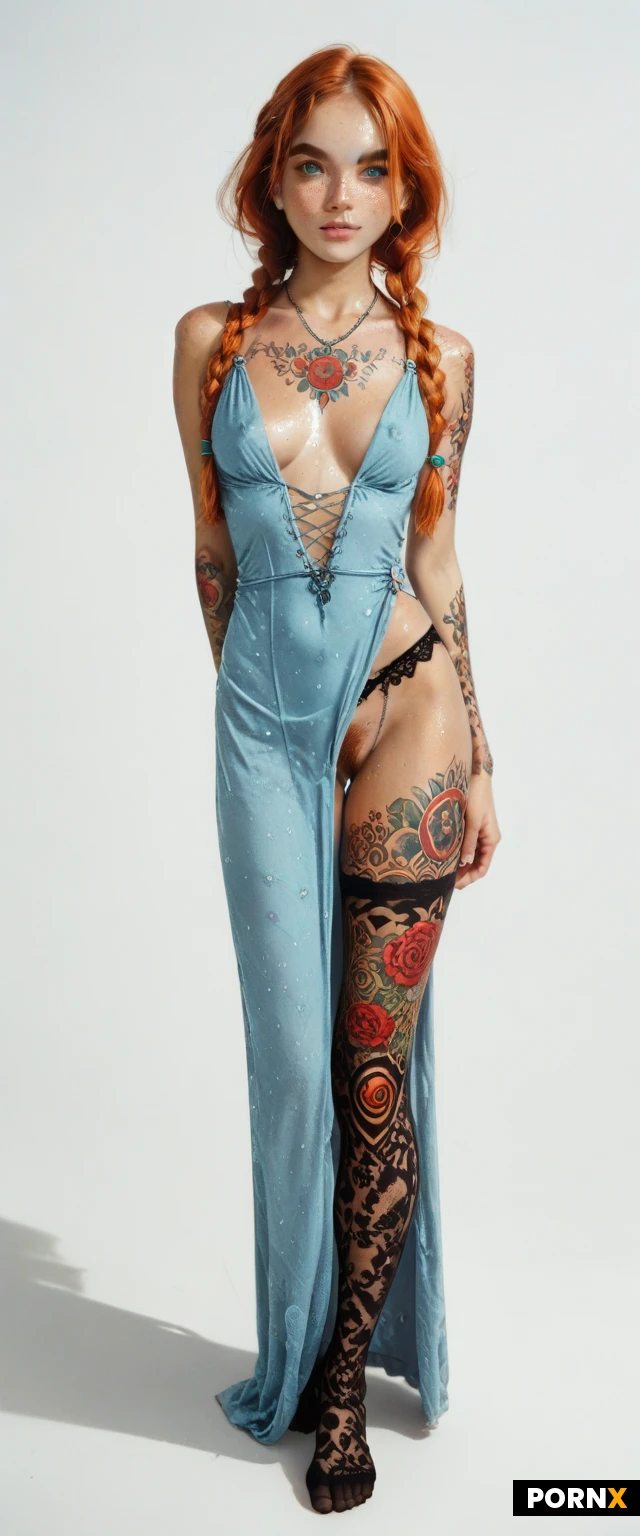 woman,21 years old,(:1.6),(anime:2),(celestial:1.8),(toon:1.5),manga,(tall:1.2),slender,thin,ginger henna hair,braids,freckles,blue eyes,freckles,thick eyebrows,(psychedelic tattoos:1.4),natural breasts,(sweaty), hand under panties,hairy pussy, fishnet, dress,stockings,view from belowe, one leg up,
sunlight from above,summer,seductive pose,(masterpiece),(highly detailed:1.8),(psychedelic:1.4),foot fetish,