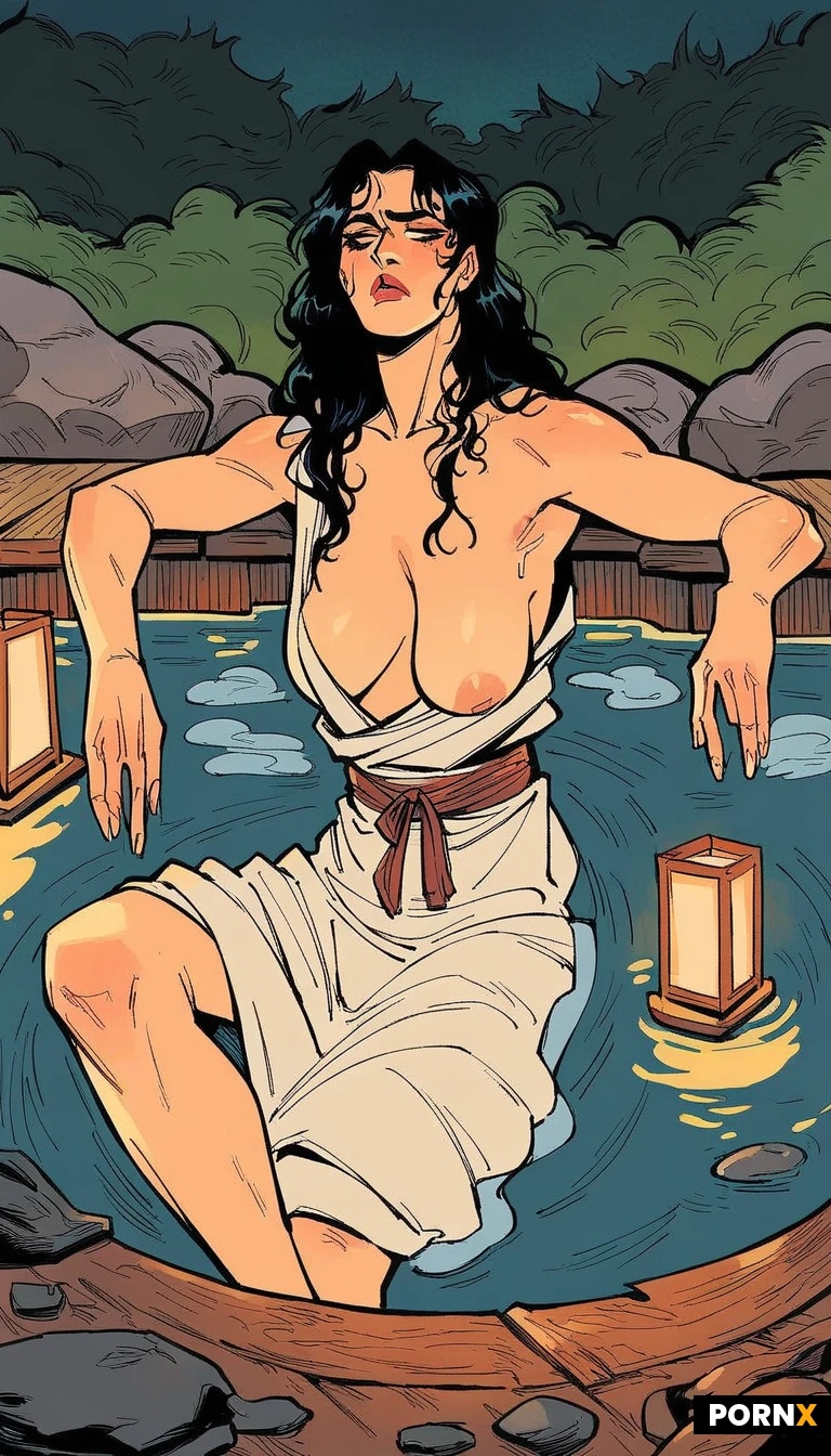 beautiful asian woman, long straight black hair with straight bangs, pale skin, medium breasts, japanese onsen hot spring, steam, rocks, wooden bath, lanterns, 18 years old,slavic,saggy natural breasts,ashamed,peasant clothes,Black hair,messy hair, medieval Russian setting