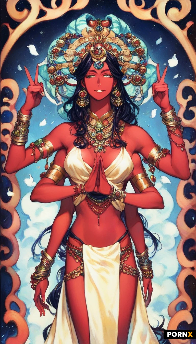 high definition, pretty hindu goddess, pretty face, curved body, red skin, multi arms, each arms with different gesture, traditional hindu costume, jewelery, kij