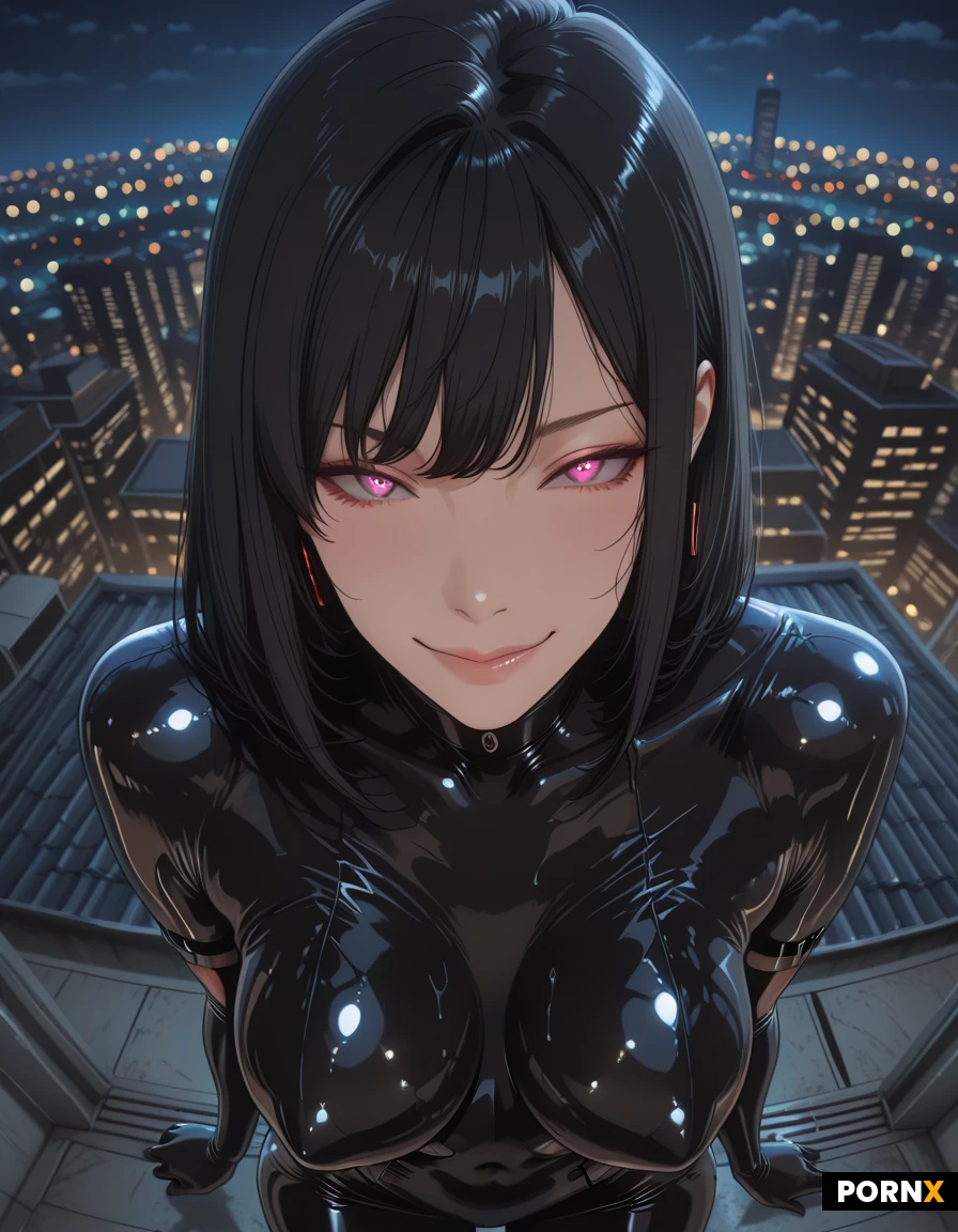 A stunning adult woman in her late twenties with long, sleek black hair tucked under a glossy, skin-tight latex catsuit that clings to every curve, her gentle smile and confident eyes locked on the viewer. She stands on a dimly lit rooftop at night, soft rim lighting casting a faint glow on the latex's wet sheen while the cityscape blurs behind her in shallow depth of field. The camera shoots from a slightly elevated, high-angle perspective, using a shallow aperture to keep her face razor-sharp and the background a smooth bokeh. Rendered in ultra-high-resolution, photorealistic detail with realistic skin textures and subtle reflections, the scene exudes a cinematic, masterpiece-quality atmosphere.