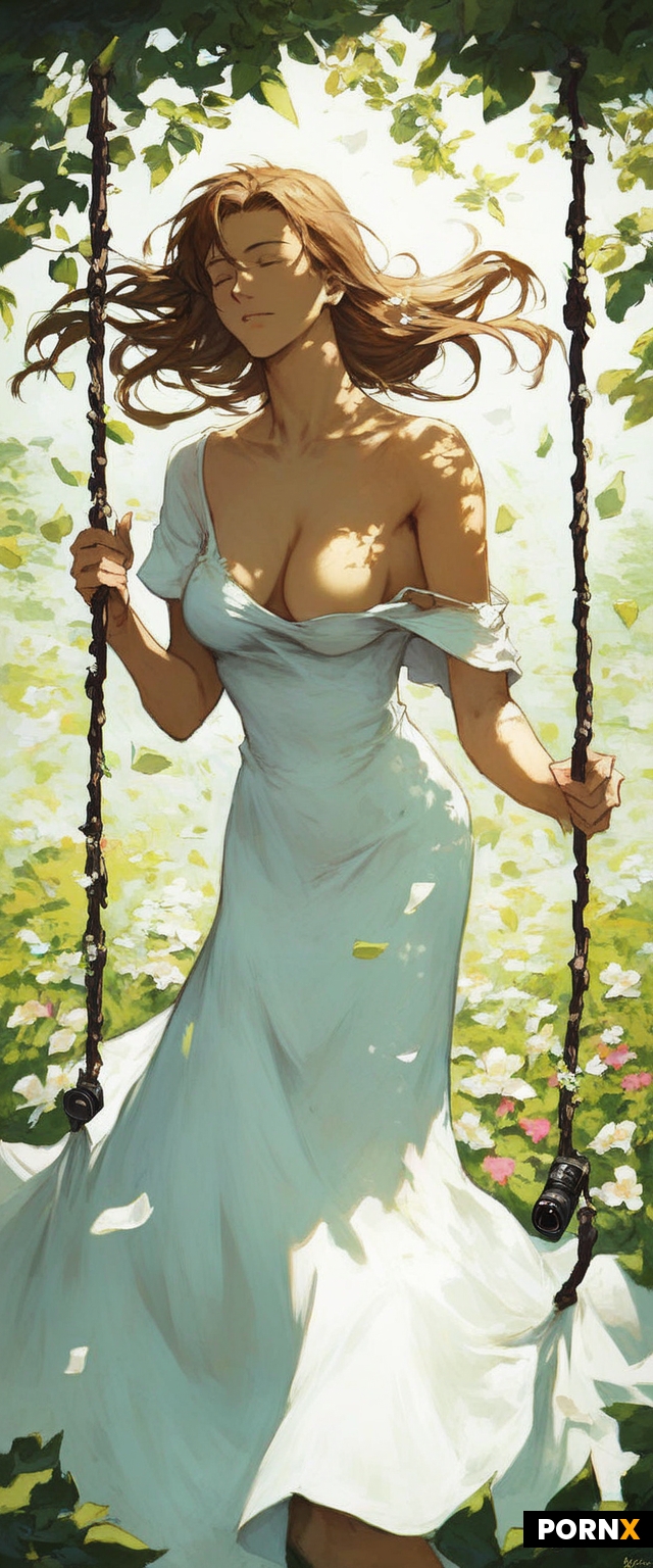 Fate stay night anime style woman sitting on swing in a garden