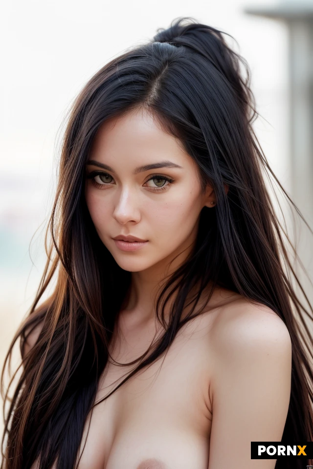 Woman, Topless, White, Long hair, Straight hair, John Berkey, Posuka Demizu, Laurie Greasley, Realism, 20 Years old, One, Naked, Model pose, Portrait, Closeup Portrait, Black hair, Messy hair, Makeup, Cute face, Rounded breasts, 30 Years old, Greek