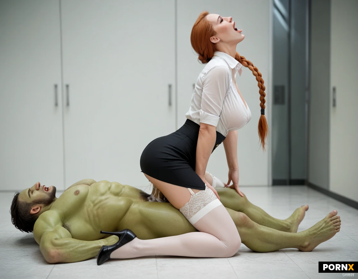 women with athletic body and very long legs, perfect round breasts, ginger thick braid, black skirt, black garter belt, white blouse, white stockings, black high heels, laboratory floor, huge green monster man, deep penetration, reverse cowgirl, leaning forward, huge thick cock, load full of cum, screaming in orgasm, side view