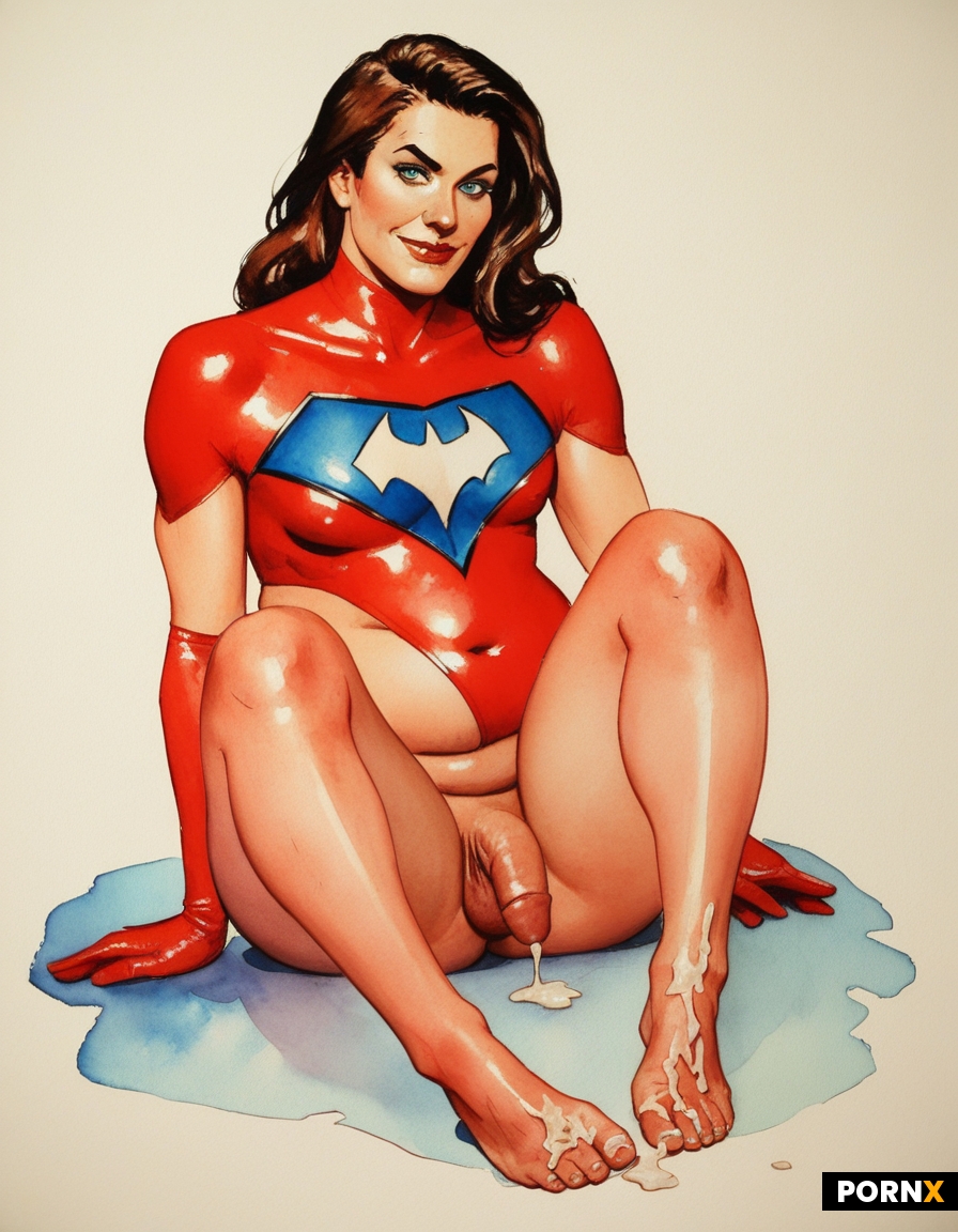 A closeup portrait of a mature smirking fat chubby muscular crossdresser superhero with fair skin an