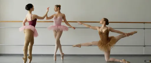 Two adult female ballerinas wearing a complete traditional ballet costume: pointe shoes