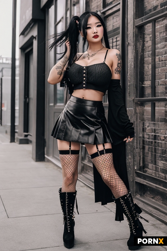 Beautiful taiwanese woman dressed as a punk lifting skirt up
