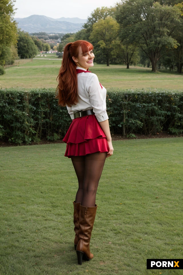1girl, solo, adult, young_woman, slim, curvy, narrow_waist,
fair_skin, smooth_skin,
red_hair, vibrant_red_hair, long_hair, high_ponytail, thick_hair, side-swept_bangs, layered_hair,
blue_eyes, large_eyes, bright_eyes, long_eyelashes,
small_nose, soft_features, heart-shaped_face,
smile, cheerful, playful_smile, confident, energetic,
red_jacket, cropped_jacket, white_blouse, collared_shirt,
red_skirt, pleated_skirt, black_pantyhose, opaque_pantyhose,
brown_boots, knee_boots, fingerless_gloves,
yellow-striped_scarf, belt, waist_pouch, gold_trim, merchant_outfit, futa, bending over, proper body proportions