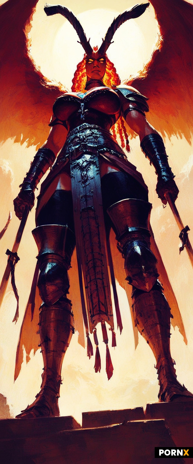 A warrior woman with fiery red hair styled in intricate buns and braids stands defiantly on an ancie
