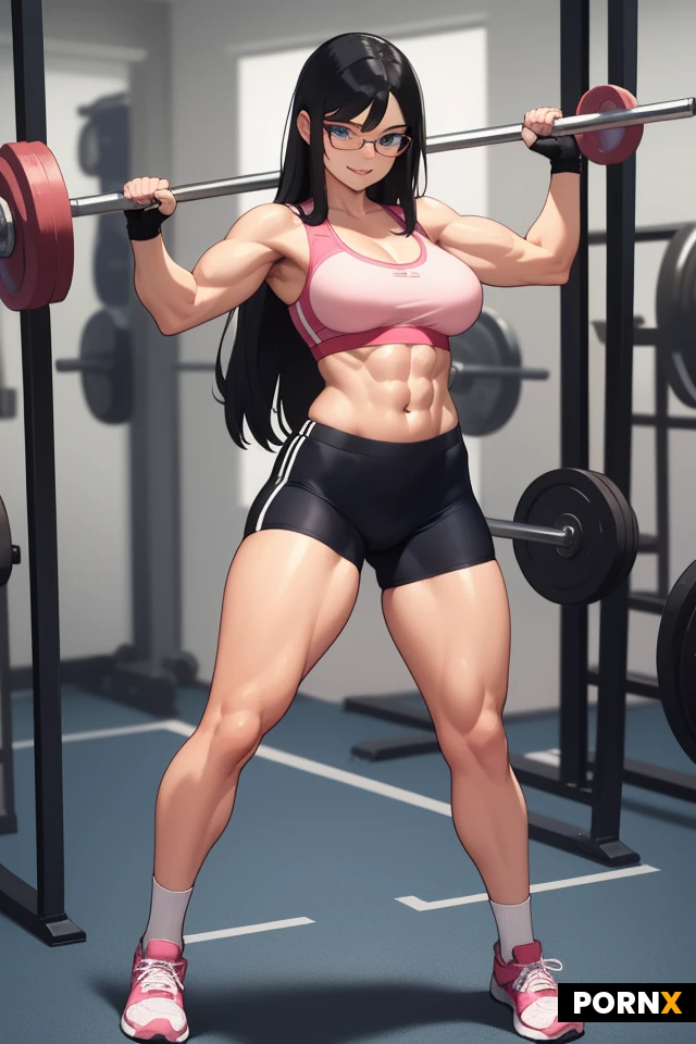 female, height: 175 cm, age: early 20's, long hair, black hair, shiny hair, bangs, blue eyes, pink lips, eyeglasses, reddish-pink hairbow, broad shoulder, medium breasts, slim waistline, long legs, athletic, toned, fit, slightly muscular, slightly tanned, light pink sports bra, dark grey bike shorts, calf length socks, tennis shoes, fingerless gloves, weightlifting gloves, double biceps flexing, arms spread out, powerful posing, strong stance, determined face, slight smile, high-tech gym,