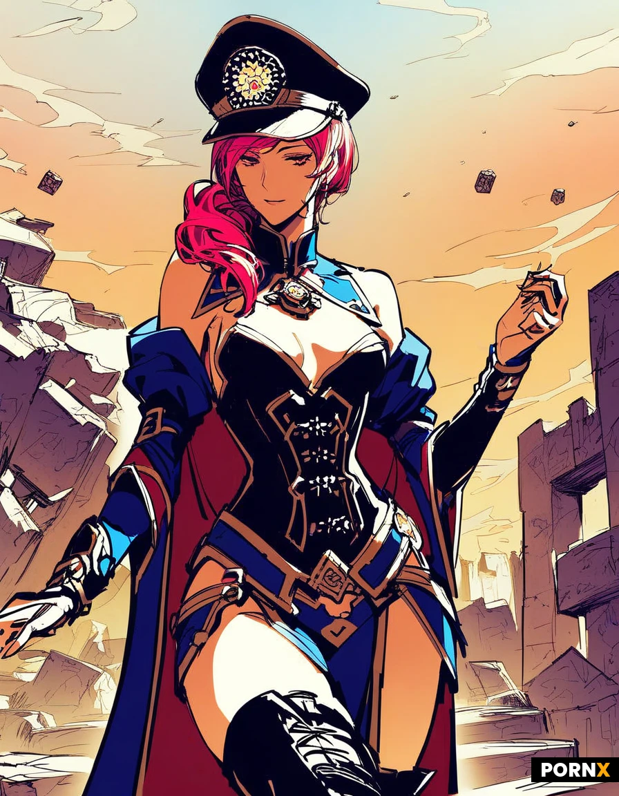 beautiful slender asian woman, pink-red hair in a ponytail, slim delicate body, small breasts, anime cosplay outfit, colorful costume, thigh-highs, wig, post-apocalyptic wasteland, ruins, dust, orange sky, Rendered in vibrant MOE anime style with crisp linework, glossy cell shading, and rich, saturated colors. vector.Sketch,high_Quality_eyes,high_Quality_image,high_detailed_image,high_detailed_face,fantasy,(MOE_anime_style).Fitted bodice / corset-style bodice — the blue-and-white upper section,
Deep V neckline,
Off-shoulder / shoulder-draped sleeves,
Long detached sleeves with fitted cuffs,
High-waist design,
Asymmetrical split skirt / open-front skirt,
Long cape or mantle attached around the shoulders,
Decorative waist belt / cincher,
Metallic medallion ornaments around the waist,
Tabard-like front panels,
Thigh-high stockings or thigh-high boots underneath the split skirt,
Tall military-style peaked cap,
Long veil/fabric panels falling from the back of the hat,
