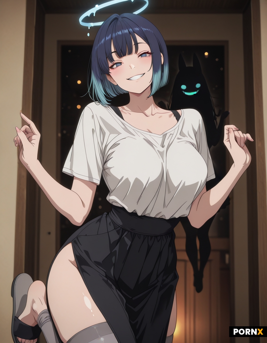 An adult anime woman in her mid-twenties with a sleek short bob of deep violet hair