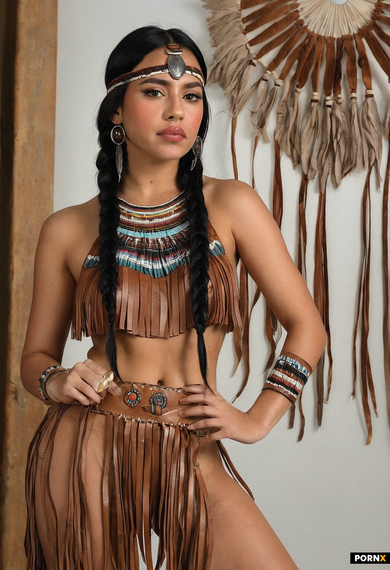A beautiful Latina woman is wearing a sexy Native American tan leather costume with fringes
