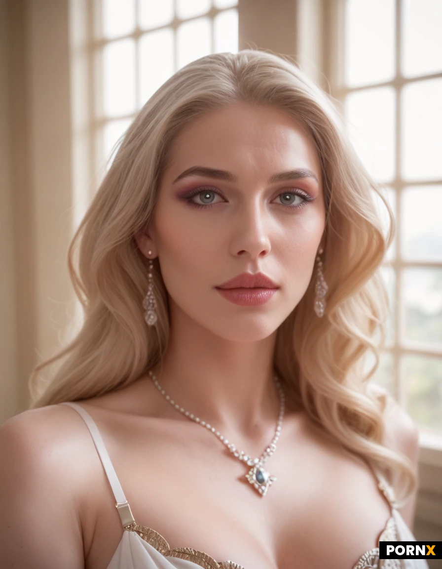 A cinematic close-up portrait of a striking woman, with an ethereal, slightly unconventional beauty. Large wide-set almond-shaped eyes, high prominent cheekbones, a delicate narrow jawline, pale porcelain skin, full lips, and long platinum-blonde hair. Straight hair. Subtle elegant makeup with defined eyes and natural lips. She is looking directly into the camera with a calm, mysterious expression. Soft diffused window light, shallow depth of field, 70mm lens, realistic skin texture, subtle imperfections, editorial fashion photography, photorealistic, cinematic color grading. Full body view.