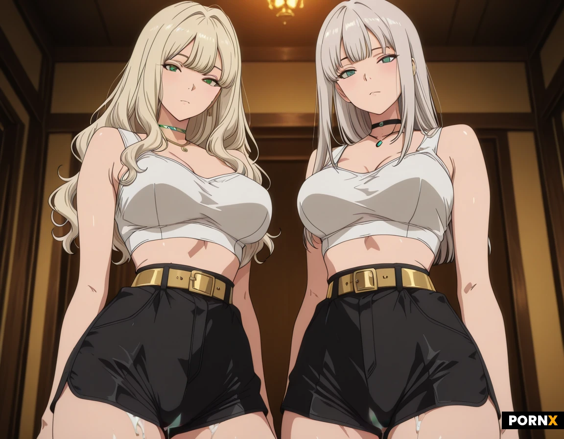 Anime screencap, score_9, score_8_up, score_7_up, masterpiece, 2girls, duo, (syntax error), large bust, looking at viewer, blonde hair, platinum hair, long hair, blue eyes, green eyes, choker necklace, gold buckle, white crop top, black shorts, contrast between characters, one with straight hair, one with wavy hair, high quality, vibrant colors.
women is lifted by two men. Both men have their large dicks burried inside the woman's pussy. Large gobs of white cum leak from her pussy as each man is ejaculating inside her.. It's an anime screencap from a popular anime. Beautiful visual quality, remastered, extremely high quality, very aesthetic, high production value, high-skill masterpiece. The image shows impeccable and beautiful composition and contrast. It's an exquisite anime screencap style image., natural beauty,