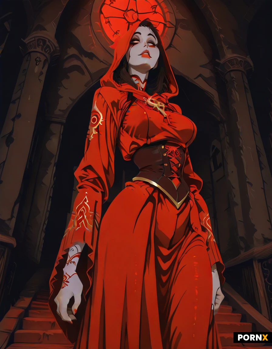 high definition, super realistic, cultist woman,with extremely pale skin, wearing a tattered, crimson-red hooded ceremonial robe with gold embroidery, chanting in a dark, background, gothic medieval castle interior, dynamic angle,